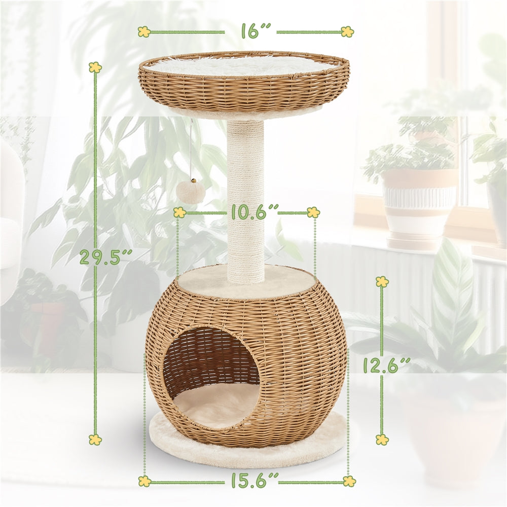 Cat Tree 29.5 Inch Rattan Cat House with Natural Sisal Scratching Post – Woven Cat Condo, Soft Cushion Perch, Hanging Bell Toy
