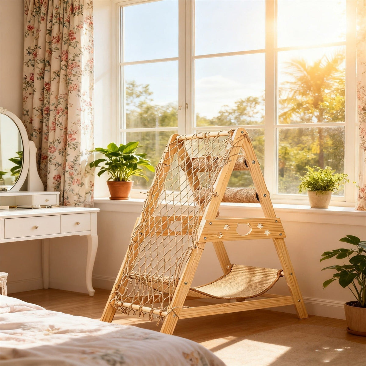 Cat Tree Triangle Cat Tower with Sisal Scratching Posts, Soft Hammock Bed & Hanging Feather Toys – Bamboo Stable Cat Climbing Tower for Indoor Cats, Kittens & Small Cats, Space-Saving Design